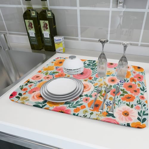 Watercolor Flower Dish Drying Mat (Spring Flowers / 24" x 18")