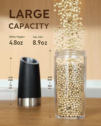 Gravity Electric Salt and Pepper Grinder Set Shakers UPGRADED 9OZ XL CAPACITY Battery Powered Refillable Automatic One Hand Operation Adjustable Coarseness Mill Grinder Set for Kitchen (Battery Powered Set/Black XL)