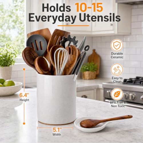 Ceramic Utensil Holder with Spoon Rest for Kitchen Counter (White & Spoon Rest 6.4'')
