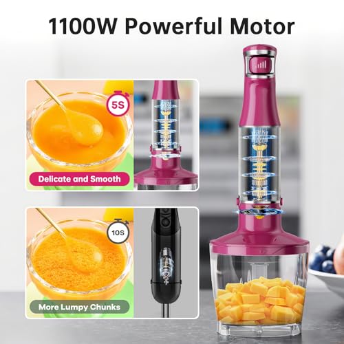 Immersion Blender Handheld Corded Hand Blenders Set 1100W (Rose Red / 5 in 1)