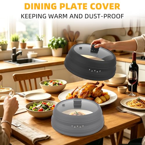 2 Pack Microwave Splatter Cover Glass Guard Lid with Collapsible Silicone for Food Pot Plate 8.5 inch and 9.8 inch Black (BLACK / Taller style 8.5 inch+common style 9.8")