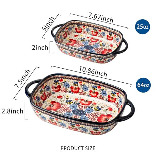 Baking Dish Ceramic Baking Pan Blue Casserole Dish Porcelain rectangular Baking Set 2pcs Bakeware Sets Single Serving Size Lasagna Pan Baking Dishes for oven (Honey Flower)