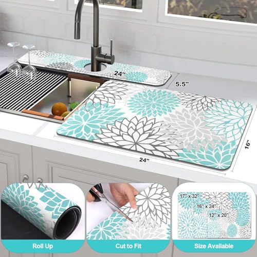 2Pcs Dish Drying Mat & Sink Splash Guard (Teal / 16" X 24" + 24" X 5.5")