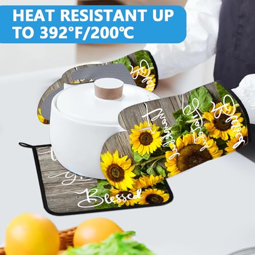 Sunflower Wood Grain Oven Mitts and Pot Holders Sets Heat Resistant 4Pcs Potholders Oven Gloves Hot Pads for Kitchen Baking Cooking Grilling BBQ (Thankful Grateful Blessed)