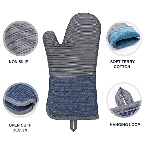 Oven Mitts Pot Holders Set of 4 Made with Pure Cotton and Food Grade Non (4PCS‑13"L x 6"W/Grey‑Denim Striped Surface)