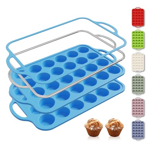 2 Packs 24 Cups Silicone Muffin Pan with Metal Reinforced Frame Mini Size Cupcake Pan Tray Egg Bites Cookie Molds Muffin Tin Tart Pans chocoflan mold Baking Sheet Set Breakfast Sandwiches (2pc: 24-Cup Mini / Blue)