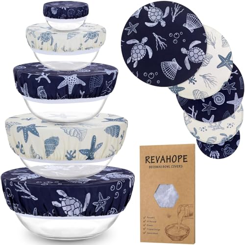 5Pcs Reusable Beeswax Elastic Bowl Covers for Bread Proofing and Food Cover (Ocean Series)
