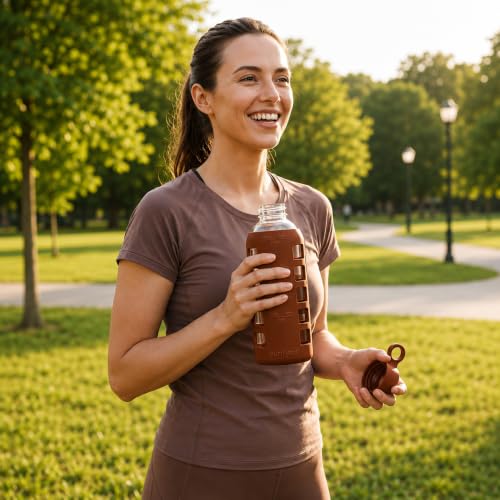 40oz / 32oz / 22oz / 12oz Borosilicate Glass Water Bottle with Time & Volume Markers, Silicone Sleeve, Stainless Steel Lid | Reusable Glass Bottle for Water & Juice (22oz Earth Brown) (Earth Brown / 22 Ounces)
