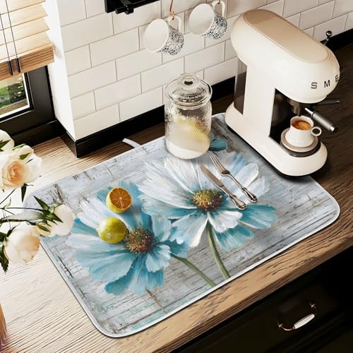 Rustic Teal White Daisy on Vintage Wooden Dish Drying Mat for Kitchen Counter Absorbent Microfiber Small Drying Pad Dish Mats for Kitchen Countertops 16 x 18 Inch (18" x 16")