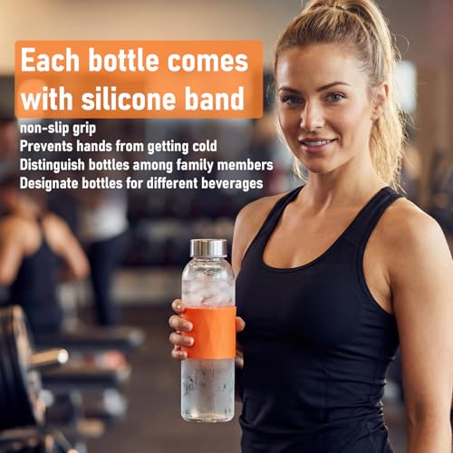 18 oz Glass Juice Bottles with Stainless Steel Lid Leak Proof 3 Pack (Orange Purple Red)