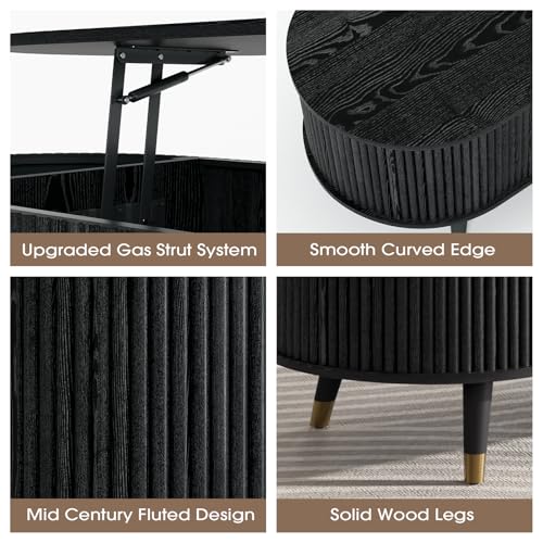 Oval Lift Top Coffee Table with Storage for Living Room (Matte Black)