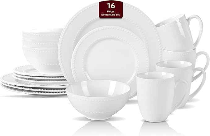 HomeVss, New Bone China Dinnerware Set, Embossed Pearl Design, 16pc Set