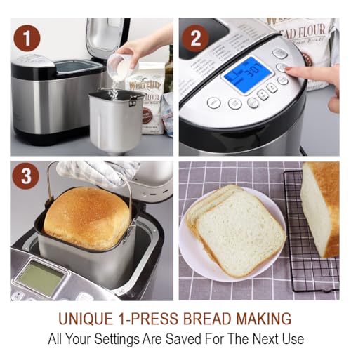 29-in-1 SMART Bread Machine with Gluten Free Setting 2LB 1.5LB 1LB Bread Maker Machine with Homemade Cycle - Stainless Steel Breadmaker with Recipes Whole Wheat Bread Making Machine (29 Programs - 3 Loaf Sizes - 3 Crust Colors / Stainless Steel)