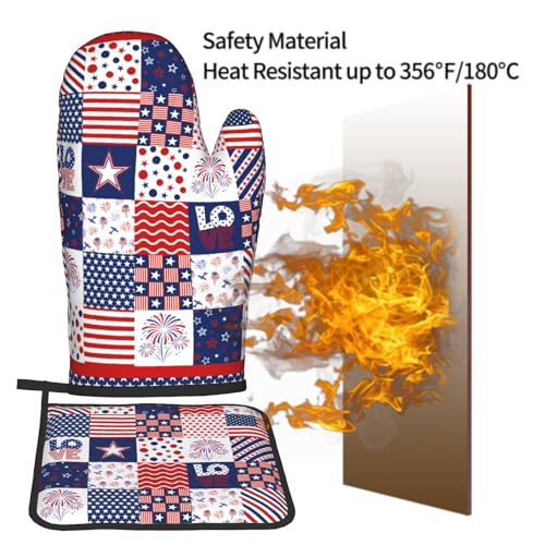 4th of July Patriotic Oven Mitts and Pot Holder Set of 2 Independence Day Heat Resistant Kitchen Gloves Hot Pads for Cooking Grilling BBQ (Patriotic Flag)