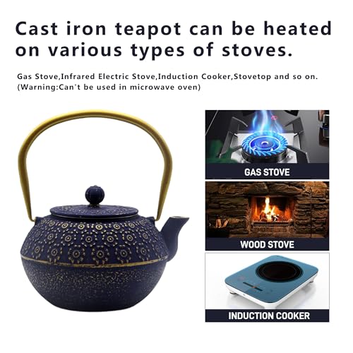 33.8oz Small Cast Iron Tea Kettle for Stovetop (Blue Cherry Blossom Pattern, 1000ml/34oz)