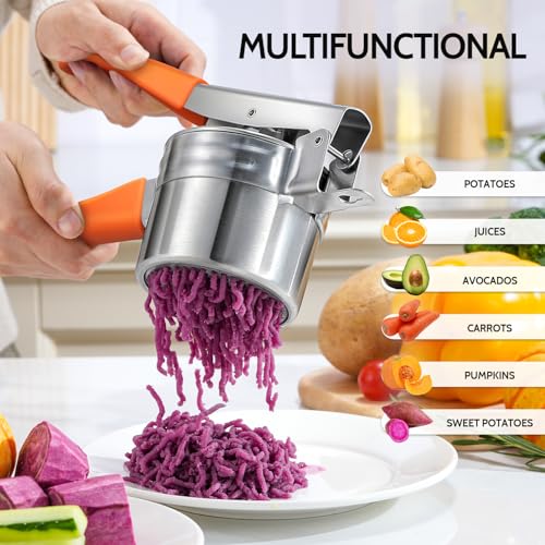 Potato Ricer Sopito Upgraded Stainless Steel Potato Masher with 3 Interchangeable Discs (3 discs-orange)