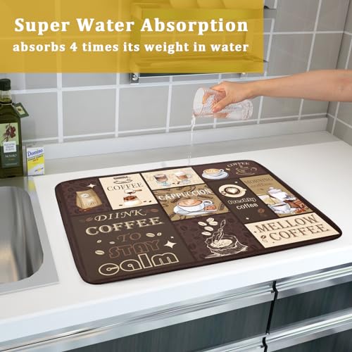 Brown Coffee Dish Drying Mat 18x24 Inch Coffee Cup Espresso Machine Pad Absorbent Washable Dish Rack Pad for Kitchen Counter Cafe Bar (brown coffee / 18" x 24")