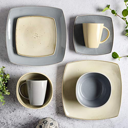 Soho Lounge Square Reactive Glaze Stoneware Dinnerware Set (Service for 4 (16pcs) / Light Grey (Soho Lounge))