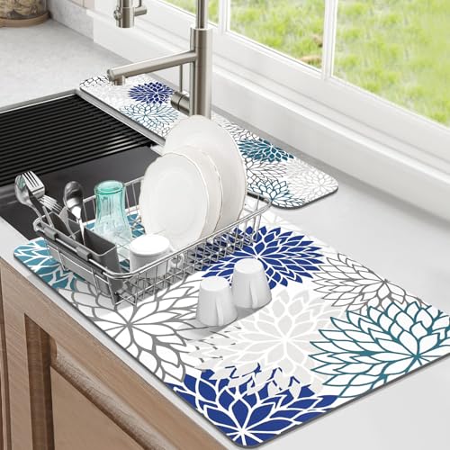2Pcs Dish Drying Mat & Sink Splash Guard (Blue / 12" X 20" + 24" X 5.5")