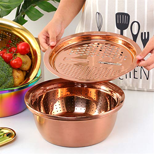 3-In-1 Multifunctional Grater Basin Colander Strainer Set, Mingcheng Stainless Steel Kitchen Grater/Drain Basket/Bottom Basin for Washing Rice, Fruits, Vegetable, Grater with Container (Rainbow) (Rainbow)