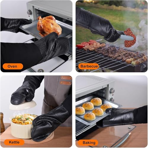Extra Long Silicone Oven Mitts Heavy Duty Commercial Grade Oven Mitts Heat Resistant BBQ Gloves with Quilted Cotton Lining 2 Pack