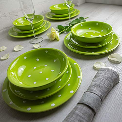 Handmade Lime Green and White Polka Dot Ceramic 12 piece Dinnerware Set