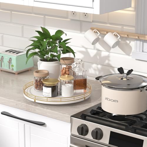 12 Inch White Wooden Lazy Susan Spice Organizer with Gold Rail (White & Gold / 12)