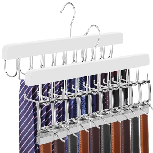 2 Pack 2 in 1 Belt Tie Hanger for Closet Max 60 Belts with 60 Ties Capacity (White-2 Pack)