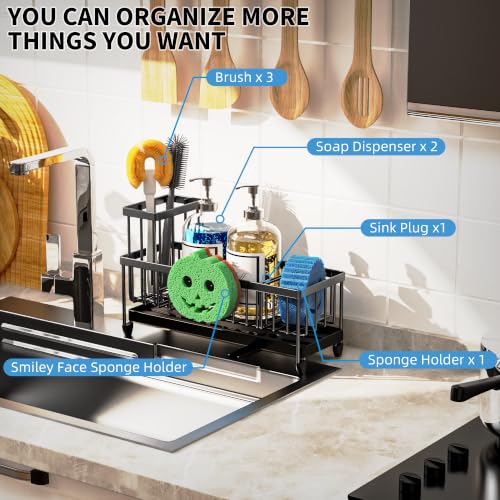 Larger Version Sponge Holder for Kitchen Sink (Black with Smiley Face Holder)