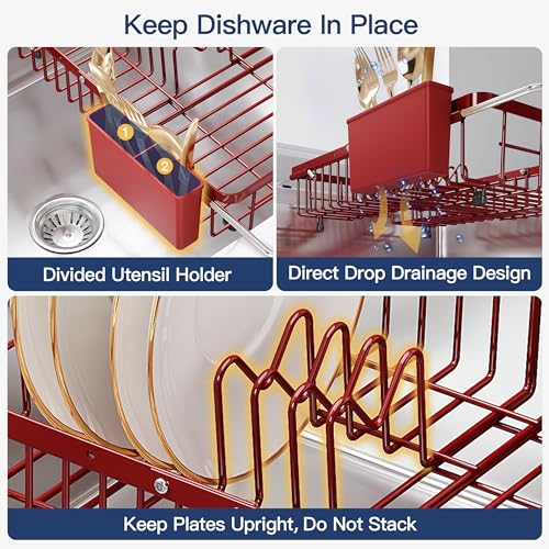 Red Dish Drying Rack Over the Sink with Utensil Holder (Red / For 12.5"-30"w Sink, Expandable)
