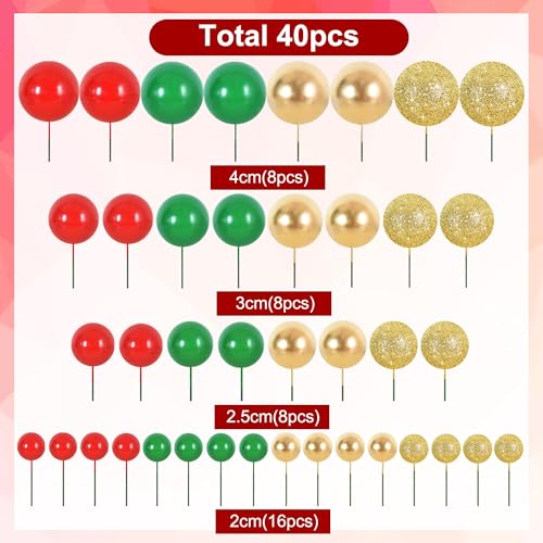 40 Pcs Ball Cake Toppers Mini Balls Cake Decorations Red Green Gold Silver Sticks Foam Balls DIY Cake Topper Insert Balls Cake Decorations for Baking Christmas Party Decorations (40 Count)