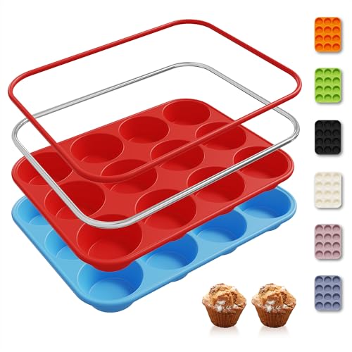 2 Pack 12 Cups Silicone Muffin Pan with Metal Reinforced Frame Regular Size Silicone Molds Cupcake Cake Baking Pans Cookie Baking Chocoflan Cupcake Mold Muffin Tray Dishwasher Safe BPA Free (2pc: 12-Cup Regular / Red and Blue)