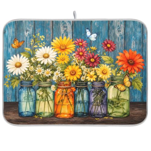 Daisy Flowers Vases Butterfly Dish Drying Mat for Kitchen Counter Absorbent Microfiber Drying Pad (16" x 18")