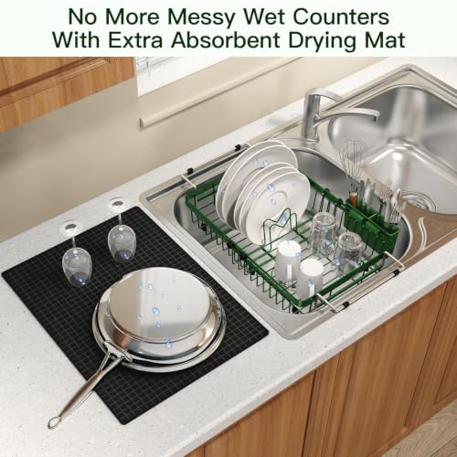 Green Expandable Dish Drying Rack Over Sink with Extra Drying Mat (Green / For 13"-30" W Sink with Mat)
