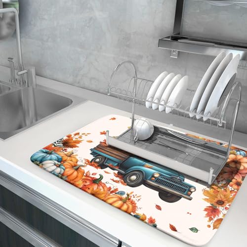 Fall Drying Mats for Kitchen Counter 18×24 Inch Autumn Truck Large Absorbent Microfiber Drying Pad Home Season Accessories (Fall Truck 605 / 24" x 18")