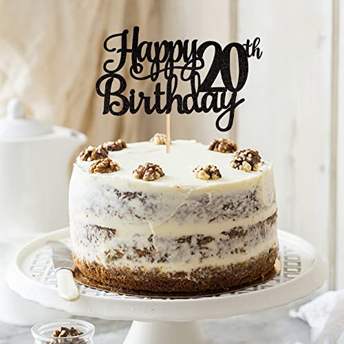 1 PCS Happy 20th Birthday Cake Topper Glitter Cheers to 20 Years Birthday Cake Pick Twenty 20 Fabulous Cake Decoration for Happy 20th Birthday Theme Party Decorations Supplies Black (Black / 20th)