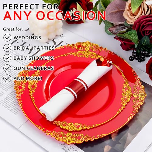 400PCS Pre Rolled Red Plastic Silverware Sets Heavy Duty for Wedding (Red - Classic)