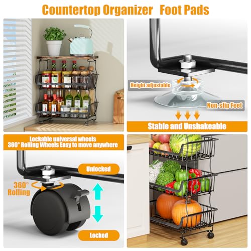 4 Tier Fruit and Vegetable Basket for Kitchen with Wheels (4 Tier / Black With Wooden Top)
