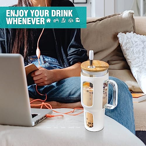 Glass Tumbler with Lid and Straw (White / 46 Ounces)