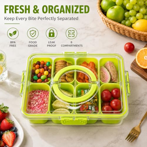 Divided Serving Tray with Lid and Handle (Green-1 Pack)