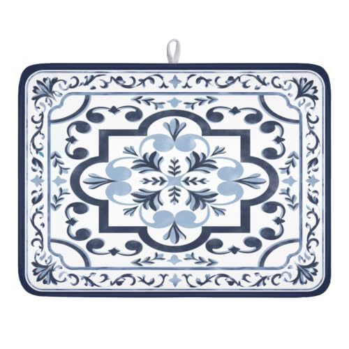 Navy Flower Dish Drying Mat Modern Boho Microfiber Dishes Drainer Pad 18x24 Inch Absorbent Fast Dry Dish Rack Mat for Kitchen Counter Sink (Boho Navy Floral / 18x24 inch)