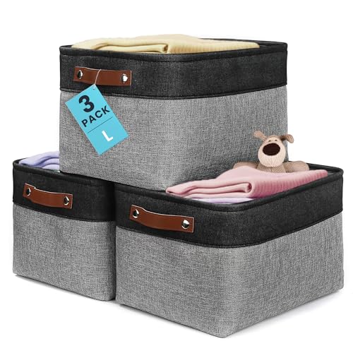 15x11in Canvas Storage Baskets 3 Pack (Gray / Black / Large - 3pc)