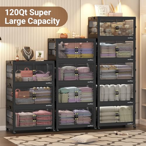 120Gal Stackable Storage Bins with Lids Foldable Boxes (Black / 30Gal-4Pack)
