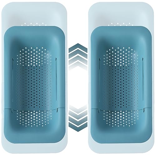 Collapsible Sink Colanders and Strainers Basket Over the Colander Extendable Plastic Fruit Vegetable Strainer Drainer for Kitchen (I-Double Green)
