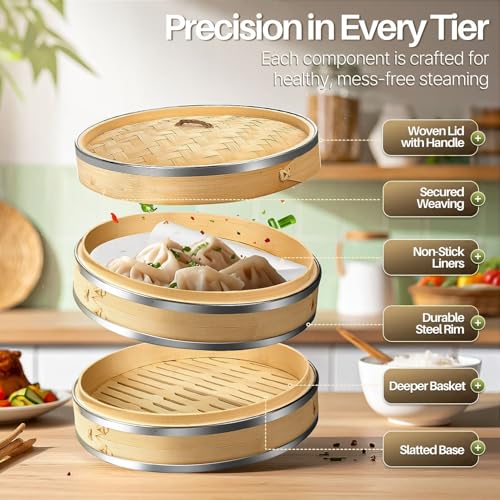 8 Inch Bamboo Steamer Basket Set with Stainless Steel Banding