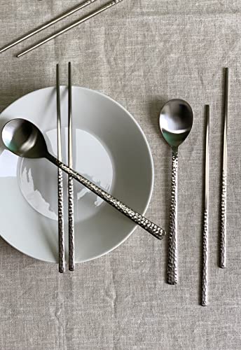 Korean Made Silver Glossy Hammered Stainless Steel Korean Spoon & Chopstick SET Gift for Mom Stocking Stuffer (4SET)