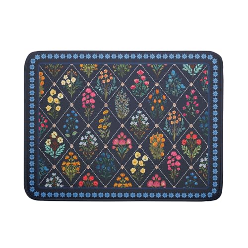 Machine Washable Dish Drying Mat for Kitchen Counter Blue Florals (Wildflowers Dark Blue / 24" x 18")