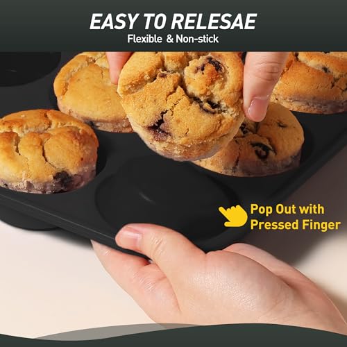 2 Pack 12 Cups Silicone Muffin Pan with Metal Reinforced Frame Regular Size Silicone Molds Cupcake Cake Baking Pans Cookie Baking Chocoflan Cupcake Mold Baking Homemade Muffins Cupcakes Egg Bites (2pc: 12-Cup Regular / Black)
