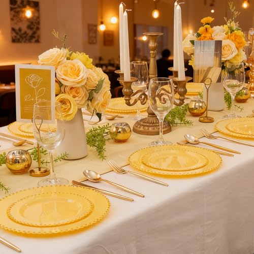 100pcs Elegant Yellow Plastic Plates with Gold Beaded for Wedding (Yellow and Gold Plastic Plates / 100PCS)