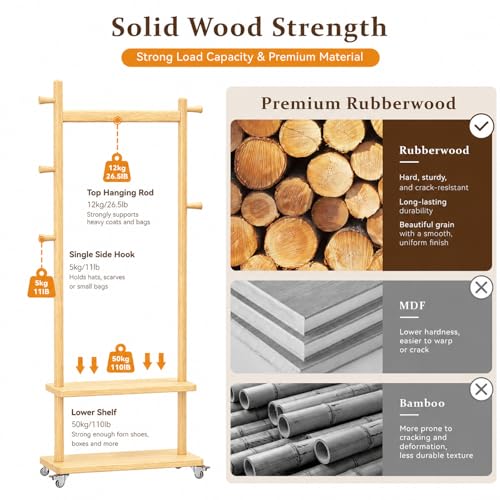 Coat Rack Freestanding Solid Wood Clothes Rack with Wheels
